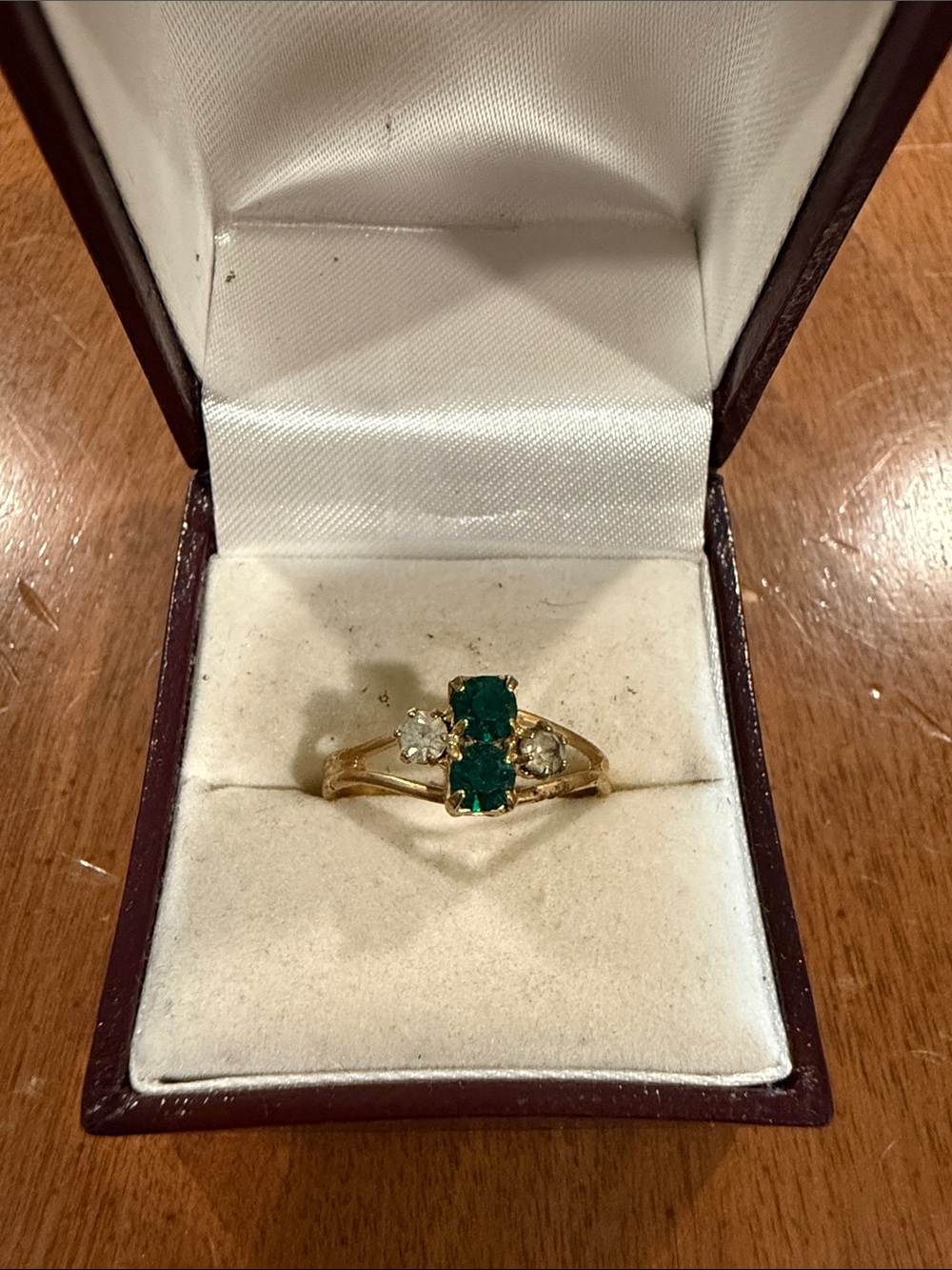 Vintage Adjustable Gold-Tone Ring with Green Center Stones and Side Clear stones
